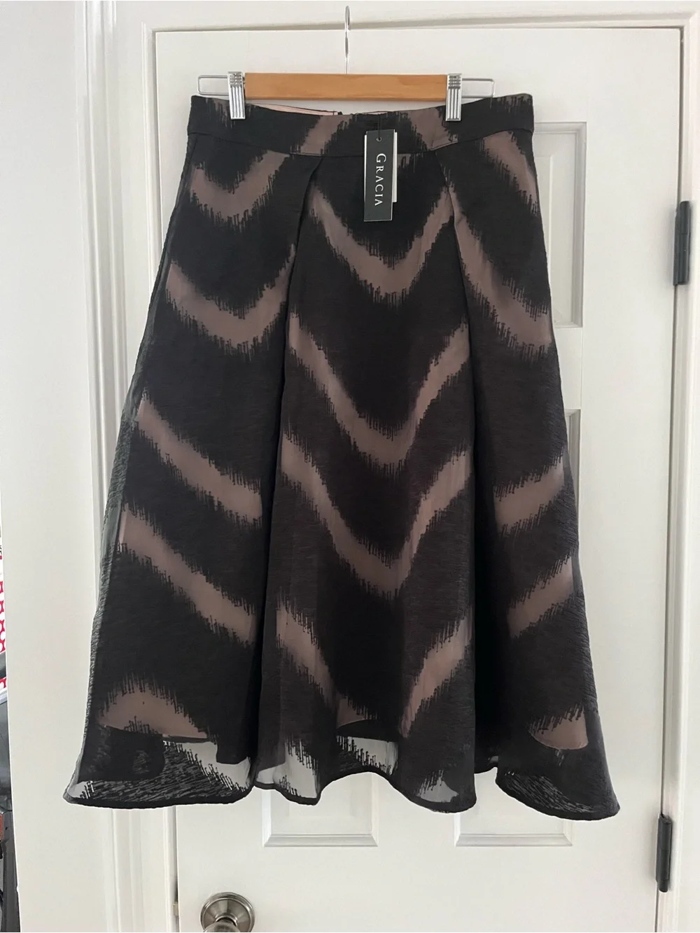 Gracia Black and Taupe Chevron A-Line Midi Skirt